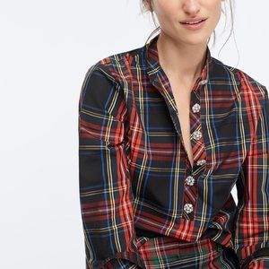 J. Crew Jeweled Button Popover Tartan Plaid Tunic